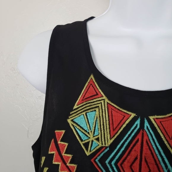 Lush XS Black Chiffon Tank Top Sleeveless Blouse Western Embroidery Keyhole - Picture 3 of 8